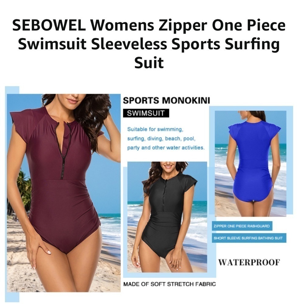 SEBOWEL BLUE Short Sleeve Zip Front Rash Guard One Piece Athletic Swimwear XXL - Picture 3 of 9